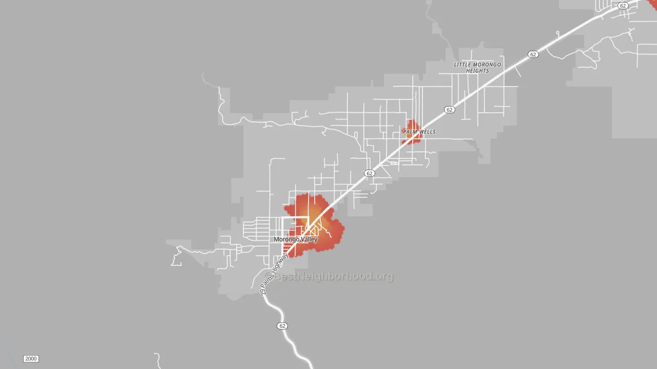 Walk Grade map of 92256, CA, walkable areas in green and car-dependent areas in red