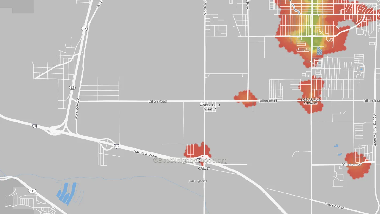 Walk Grade map of 92258, CA, walkable areas in green and car-dependent areas in red