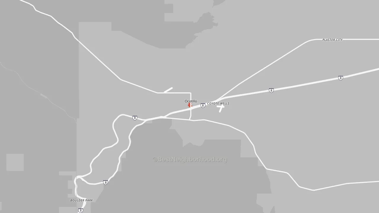 Walk Grade map of 92259, CA, walkable areas in green and car-dependent areas in red
