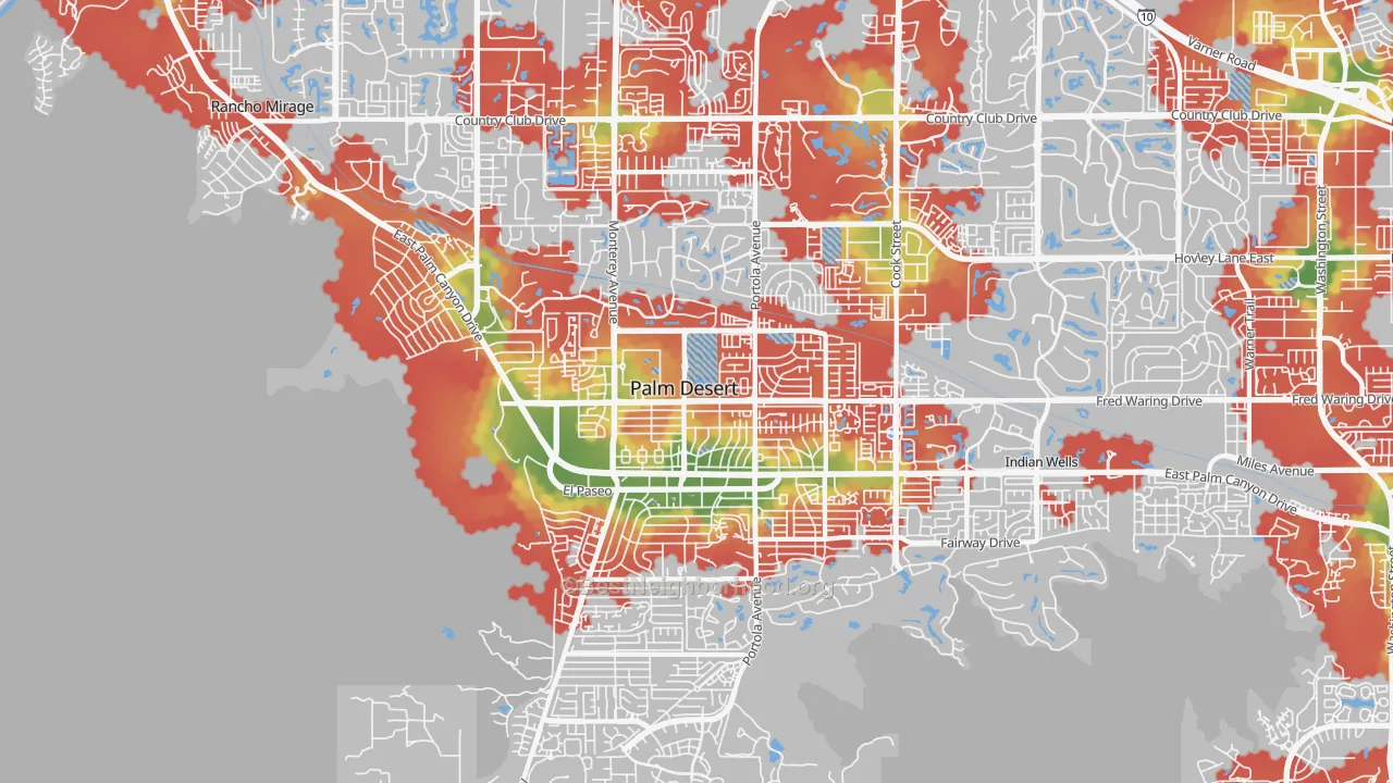 Walk Grade map of 92260, CA, walkable areas in green and car-dependent areas in red