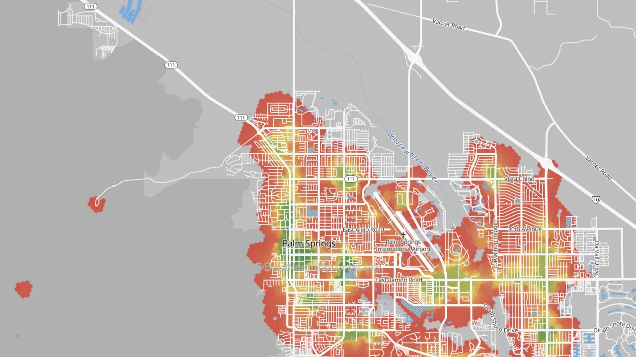 Walk Grade map of 92262, CA, walkable areas in green and car-dependent areas in red
