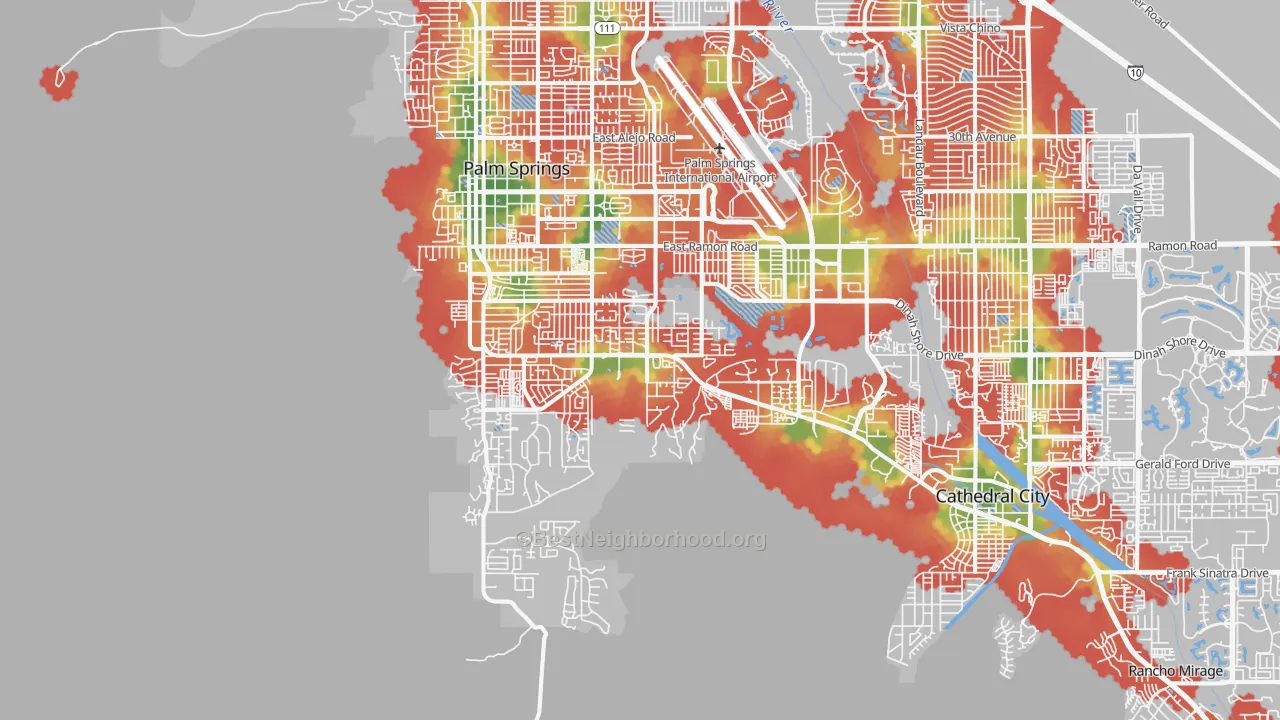 Walk Grade map of 92264, CA, walkable areas in green and car-dependent areas in red