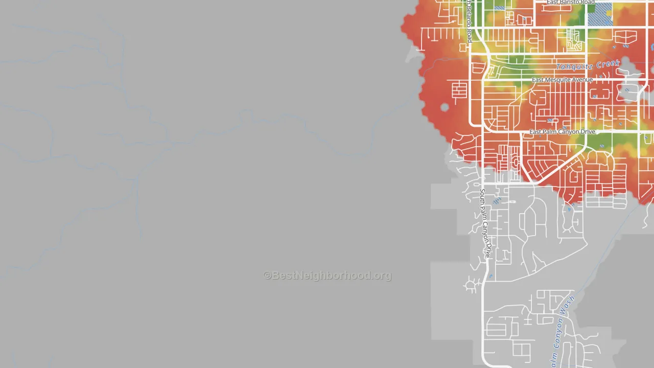 Walk Grade map of 92265, CA, walkable areas in green and car-dependent areas in red