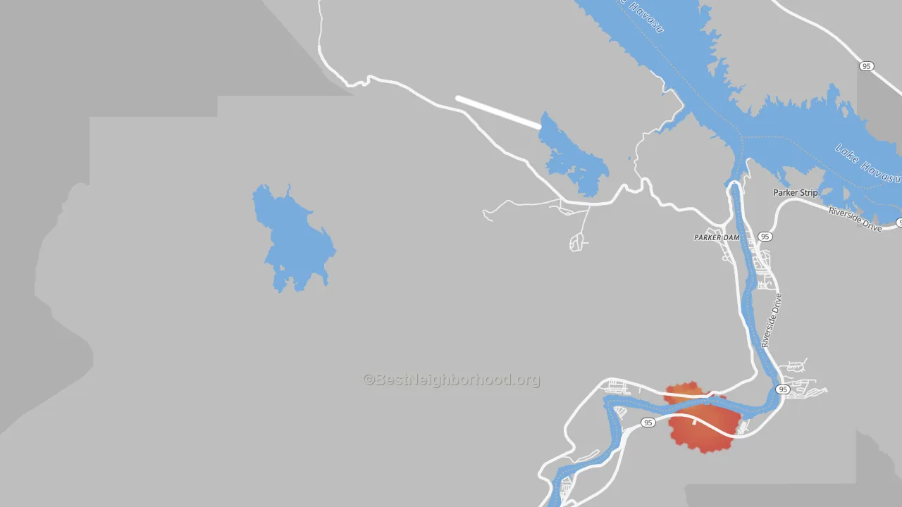 Walk Grade map of 92267, CA, walkable areas in green and car-dependent areas in red