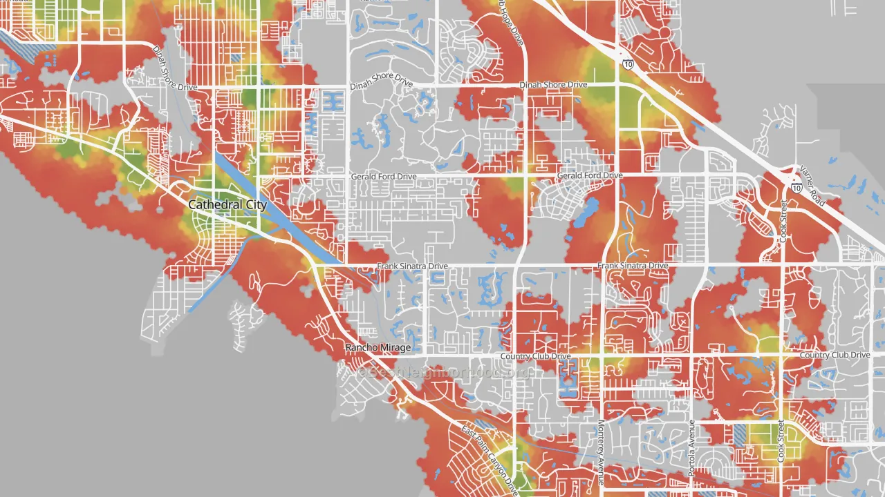 Walk Grade map of 92270, CA, walkable areas in green and car-dependent areas in red