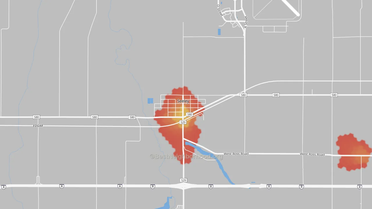 Walk Grade map of 92273, CA, walkable areas in green and car-dependent areas in red