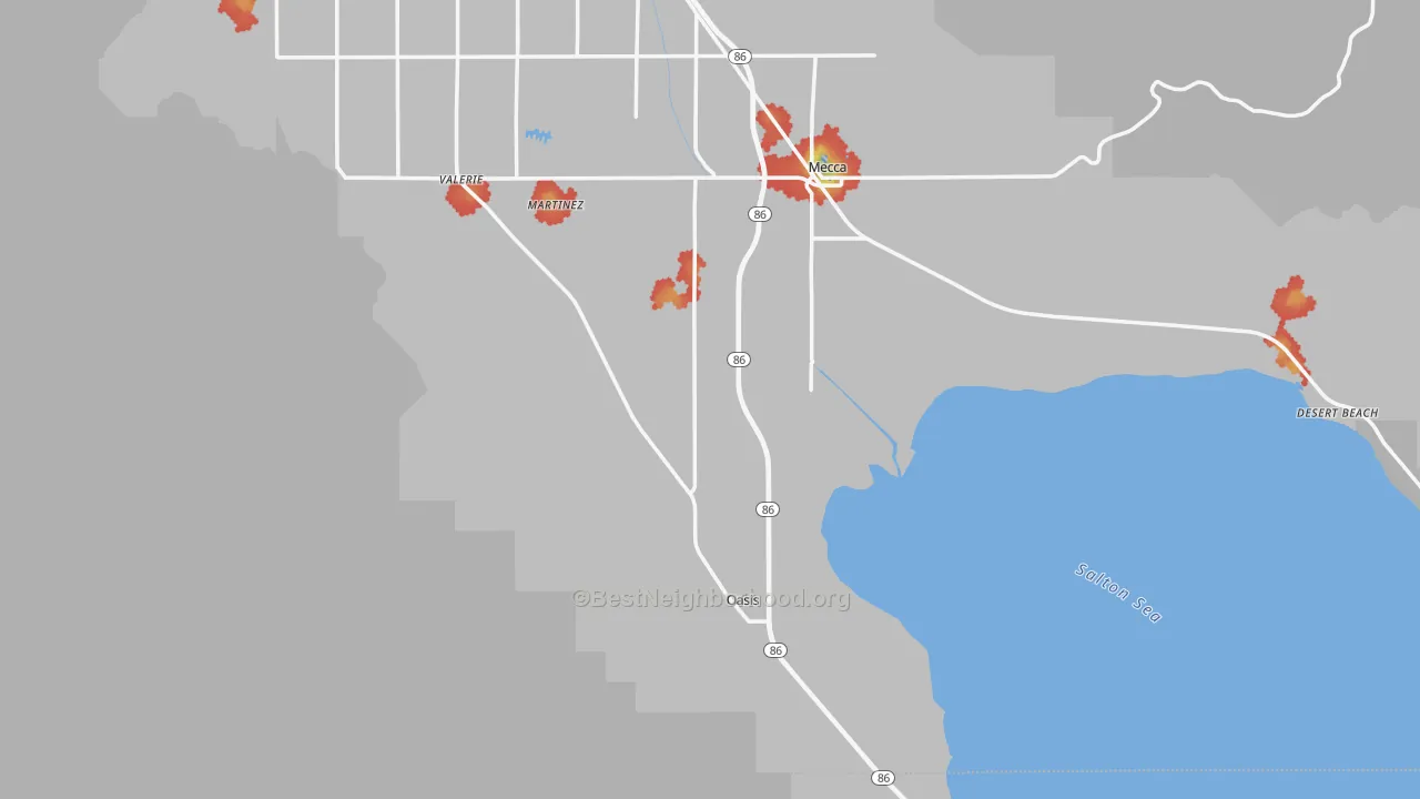 Walk Grade map of 92274, CA, walkable areas in green and car-dependent areas in red