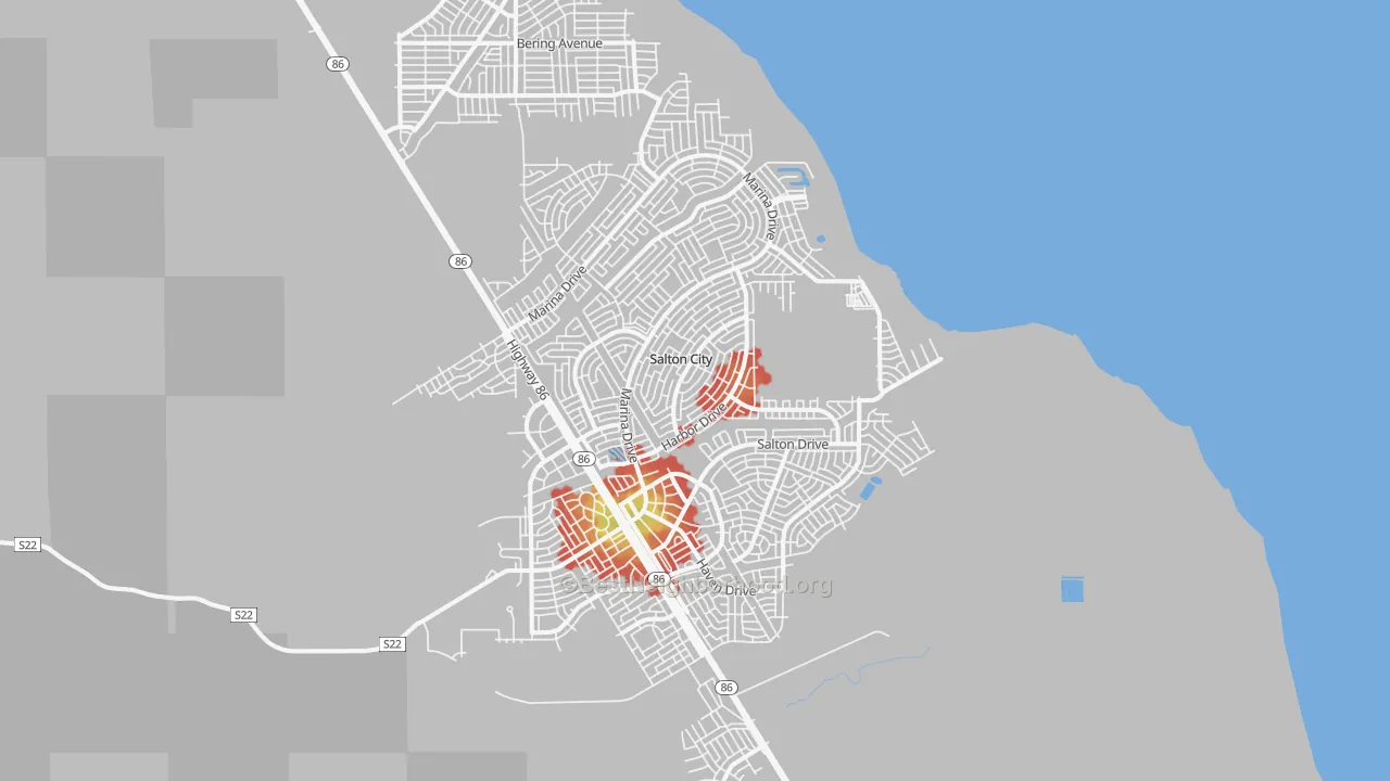 Walk Grade map of 92275, CA, walkable areas in green and car-dependent areas in red