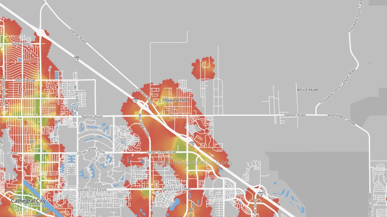 Walk Grade map of 92276, CA, walkable areas in green and car-dependent areas in red