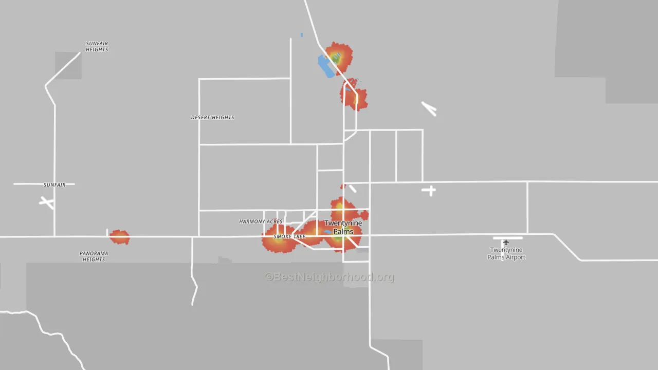Walk Grade map of 92277, CA, walkable areas in green and car-dependent areas in red
