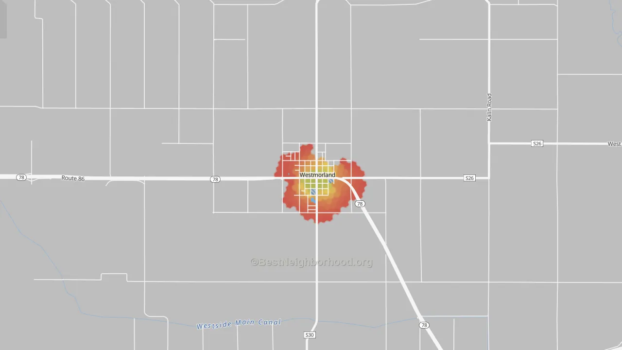 Walk Grade map of 92281, CA, walkable areas in green and car-dependent areas in red