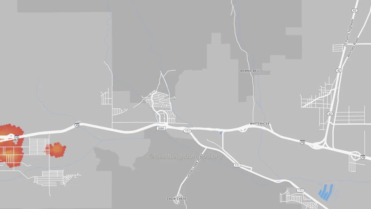Walk Grade map of 92282, CA, walkable areas in green and car-dependent areas in red