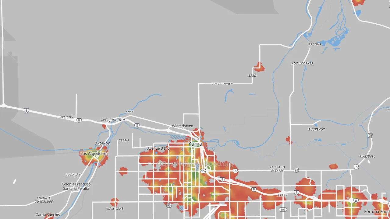 Walk Grade map of 92283, CA, walkable areas in green and car-dependent areas in red