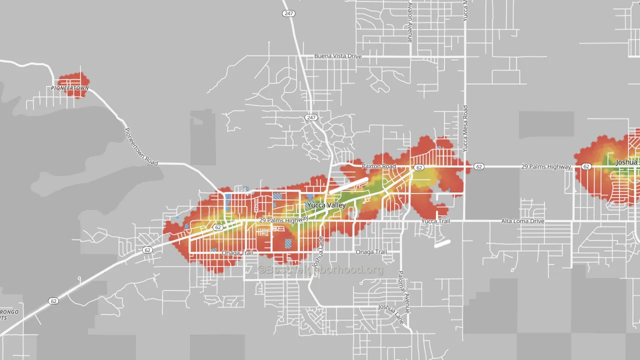 Walk Grade map of 92284, CA, walkable areas in green and car-dependent areas in red