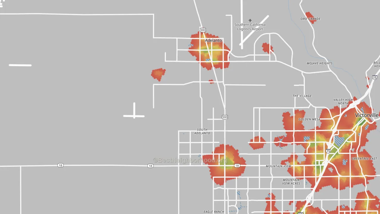 Walk Grade map of 92301, CA, walkable areas in green and car-dependent areas in red