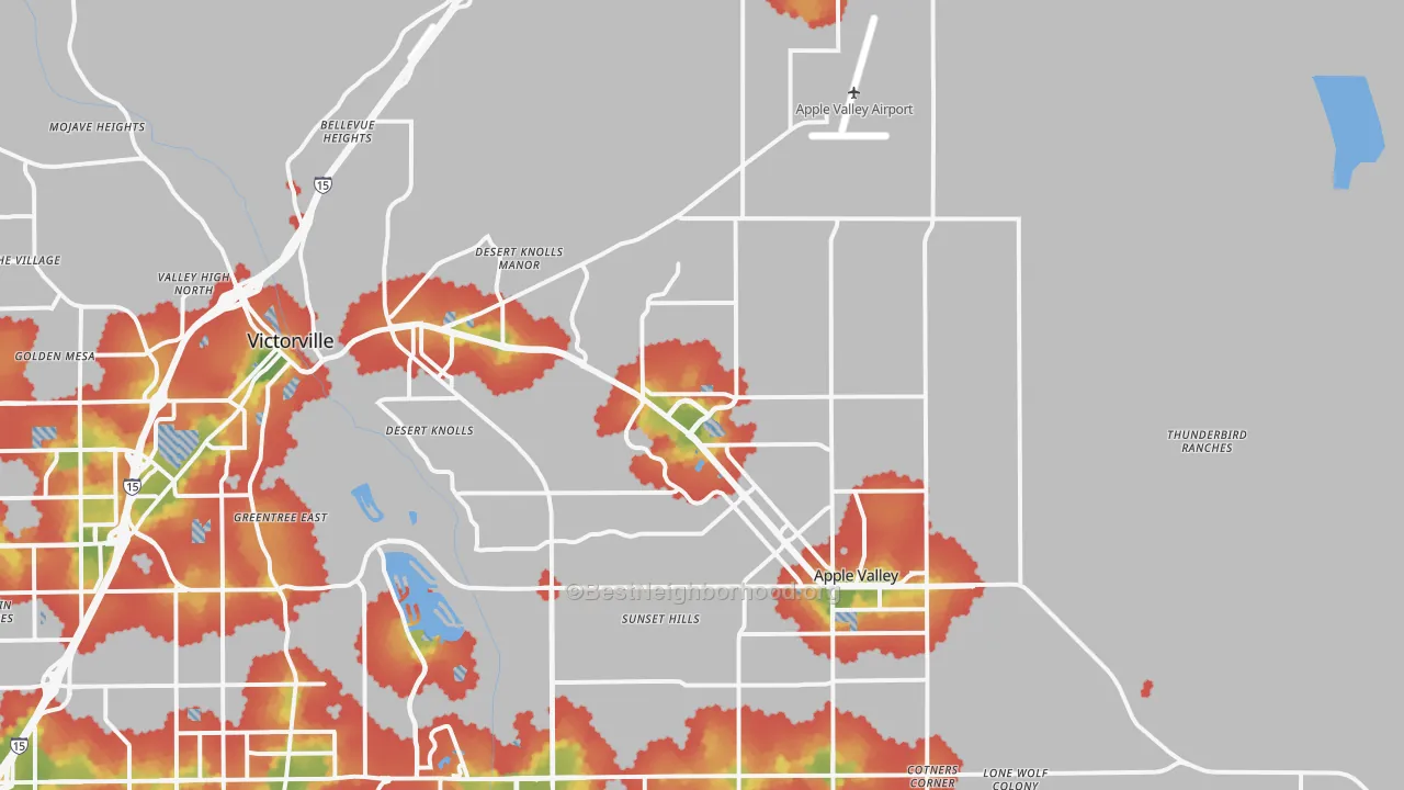 Walk Grade map of 92307, CA, walkable areas in green and car-dependent areas in red