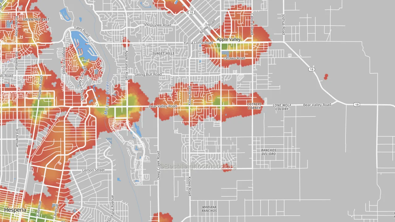 Walk Grade map of 92308, CA, walkable areas in green and car-dependent areas in red