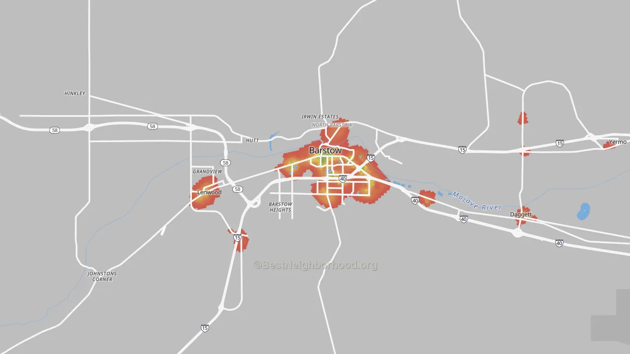 Walk Grade map of 92311, CA, walkable areas in green and car-dependent areas in red