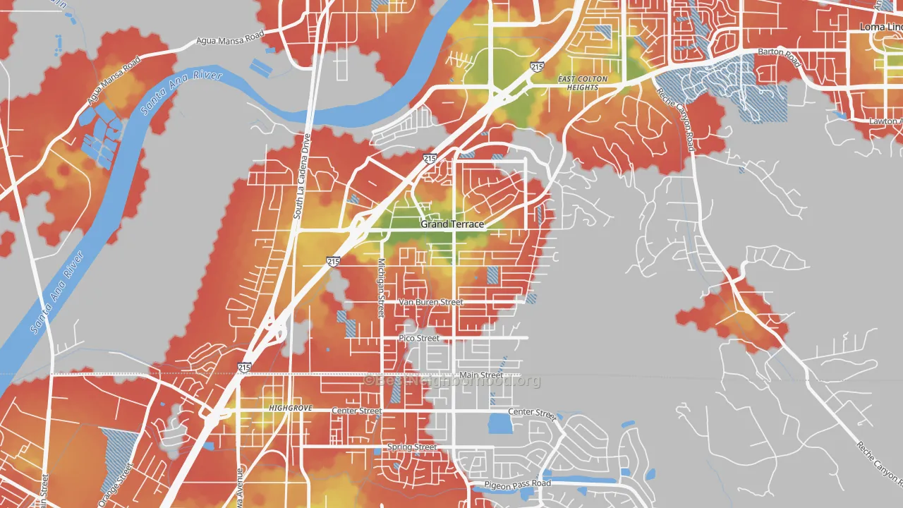 Walk Grade map of 92313, CA, walkable areas in green and car-dependent areas in red
