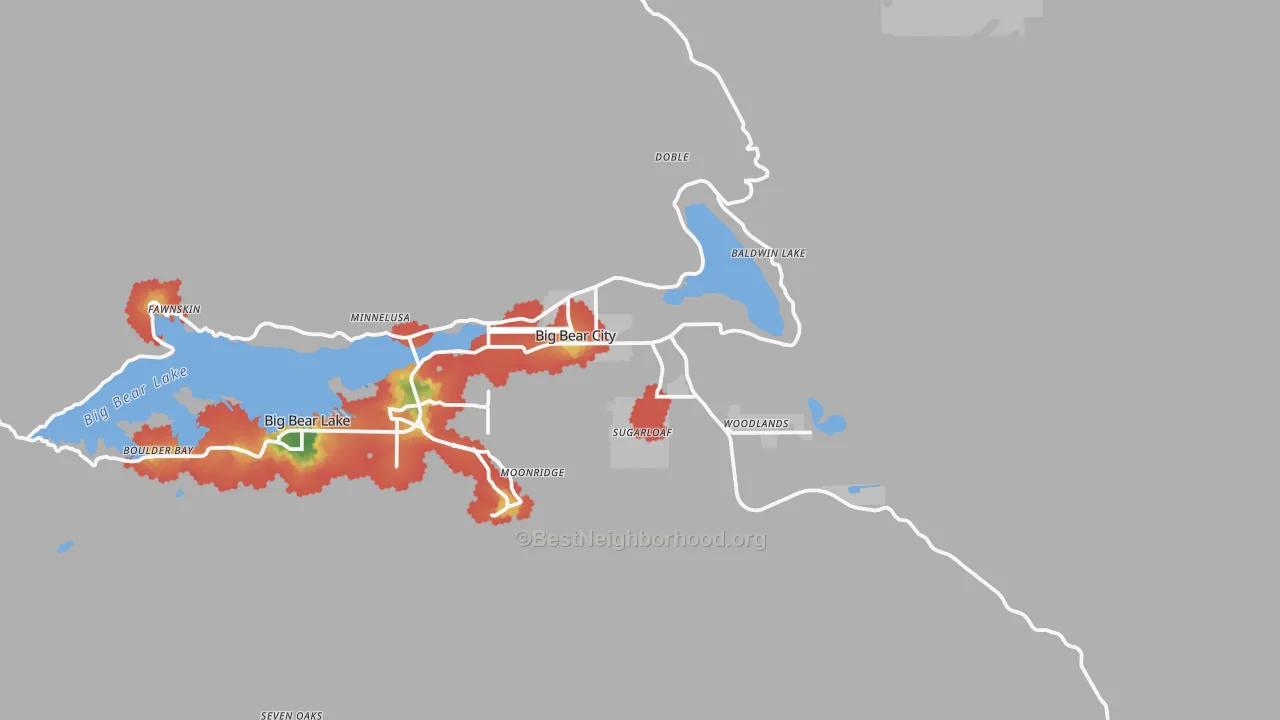 Walk Grade map of 92314, CA, walkable areas in green and car-dependent areas in red