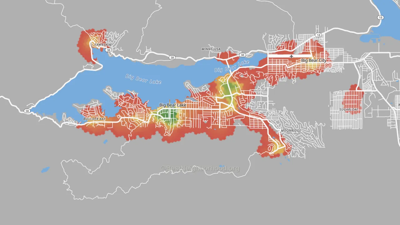 Walk Grade map of 92315, CA, walkable areas in green and car-dependent areas in red