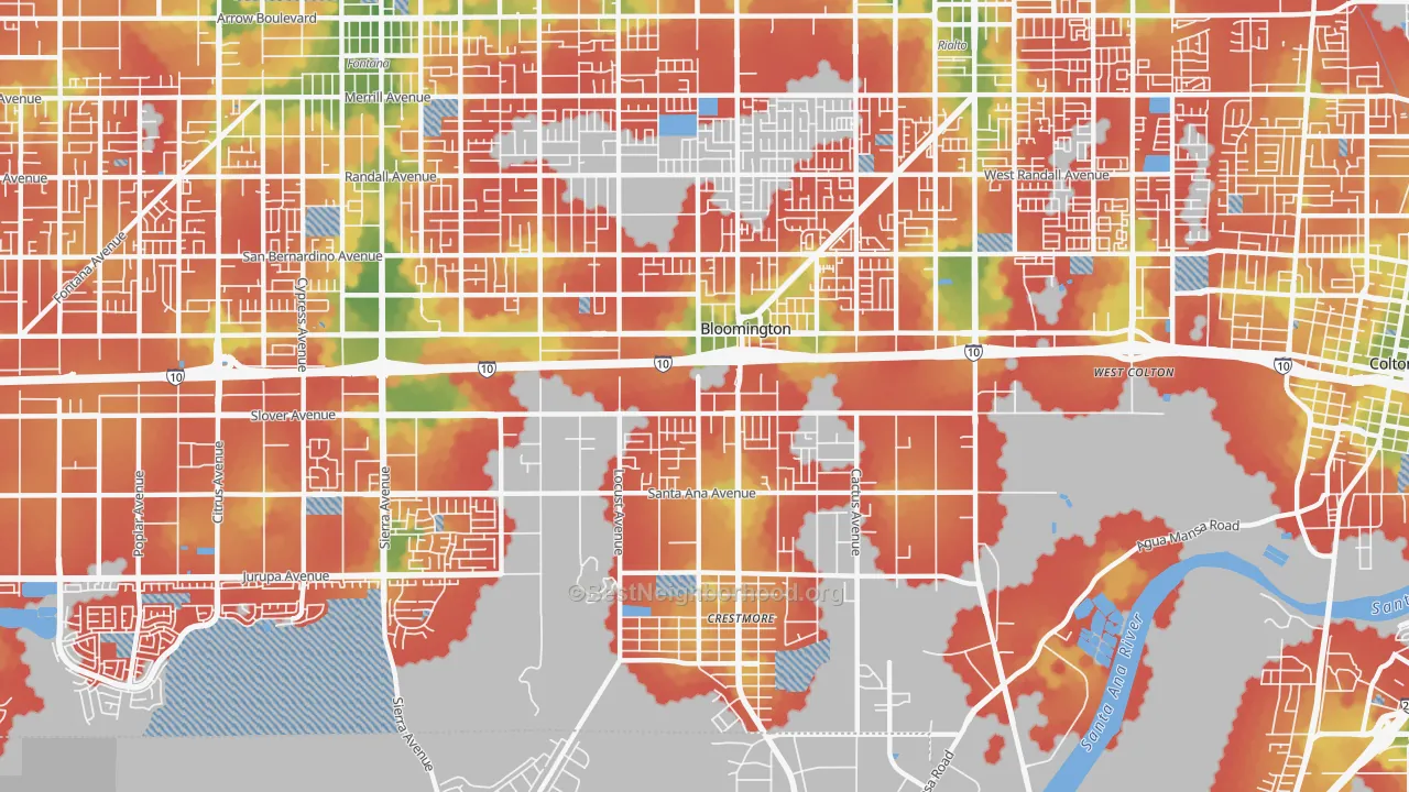 Walk Grade map of 92316, CA, walkable areas in green and car-dependent areas in red