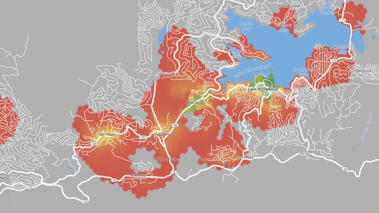Walk Grade map of 92317, CA, walkable areas in green and car-dependent areas in red