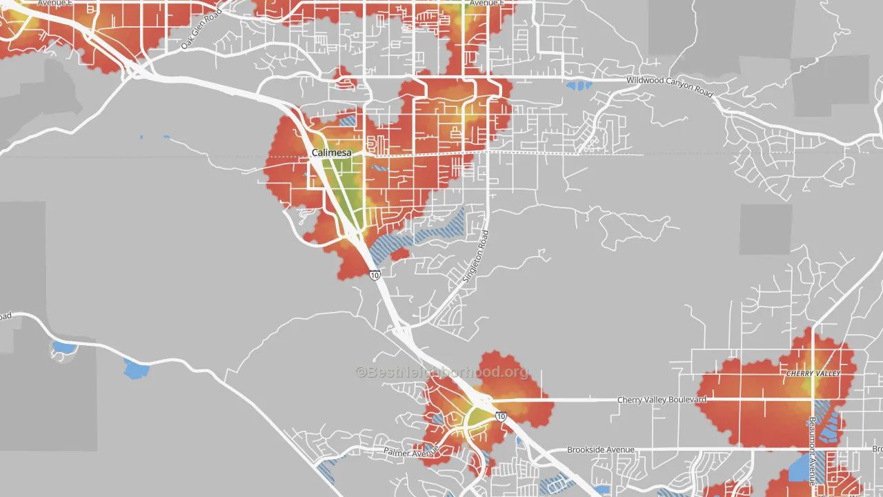 Walk Grade map of 92320, CA, walkable areas in green and car-dependent areas in red