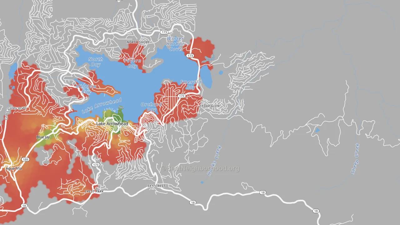 Walk Grade map of 92321, CA, walkable areas in green and car-dependent areas in red