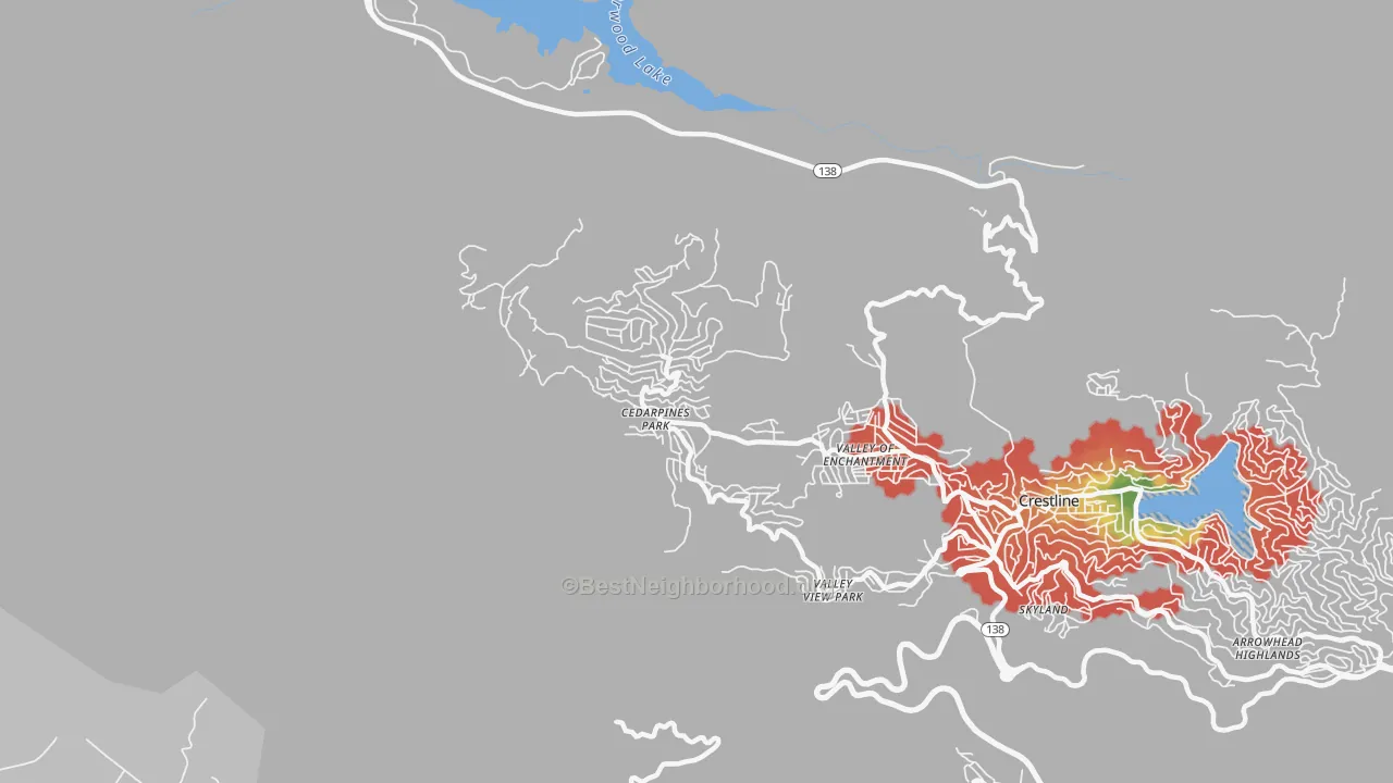 Walk Grade map of 92322, CA, walkable areas in green and car-dependent areas in red