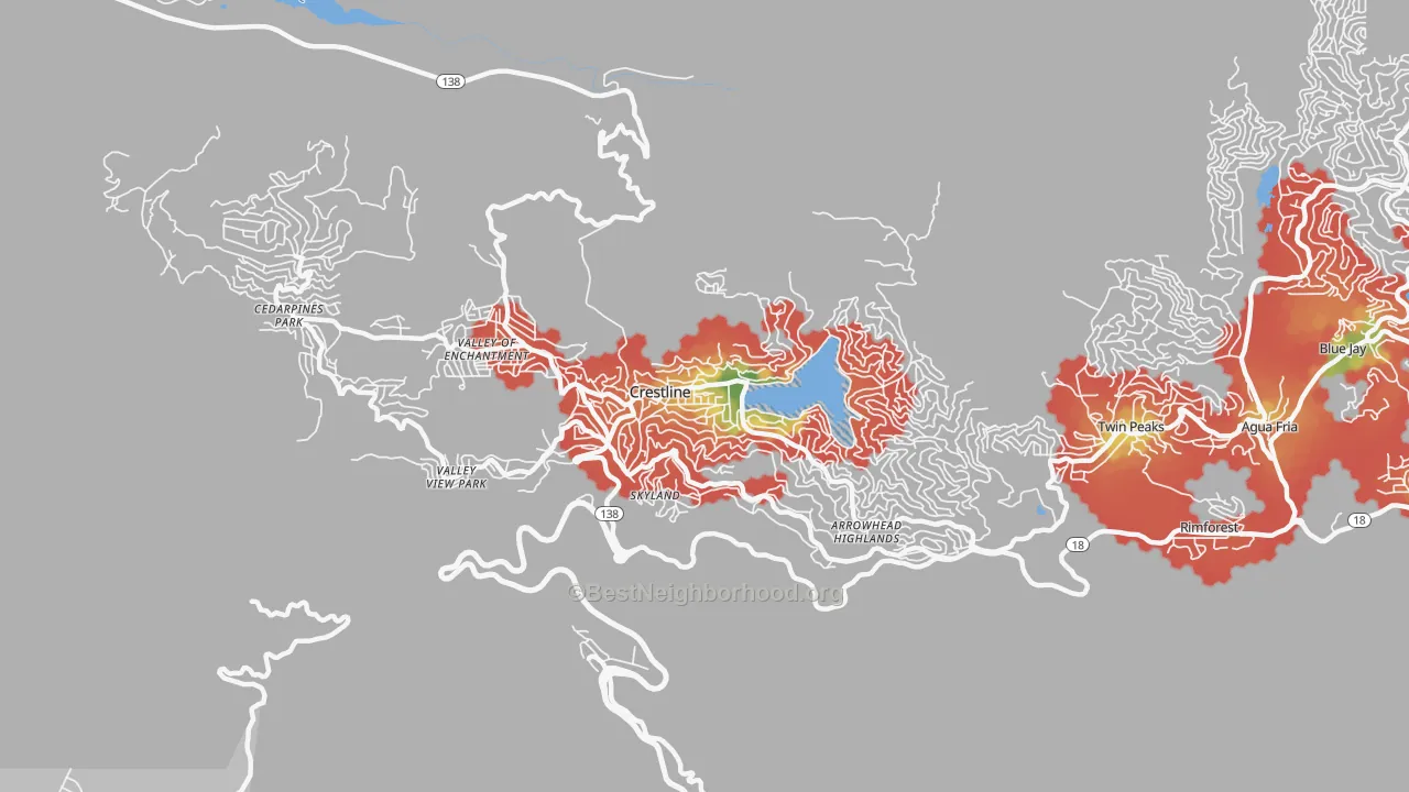 Walk Grade map of 92325, CA, walkable areas in green and car-dependent areas in red