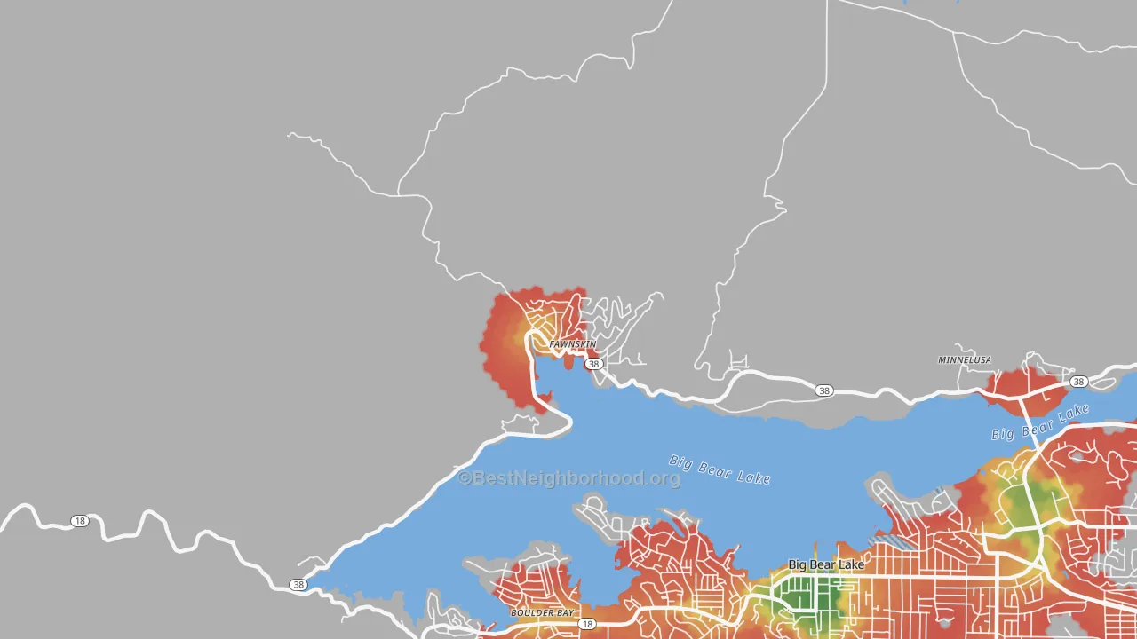 Walk Grade map of 92333, CA, walkable areas in green and car-dependent areas in red