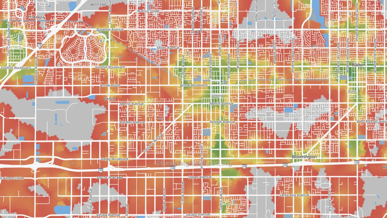Walk Grade map of 92335, CA, walkable areas in green and car-dependent areas in red