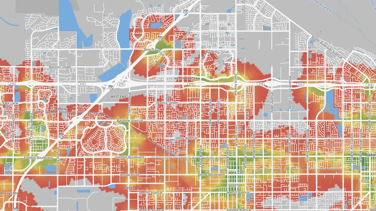 Walk Grade map of 92336, CA, walkable areas in green and car-dependent areas in red