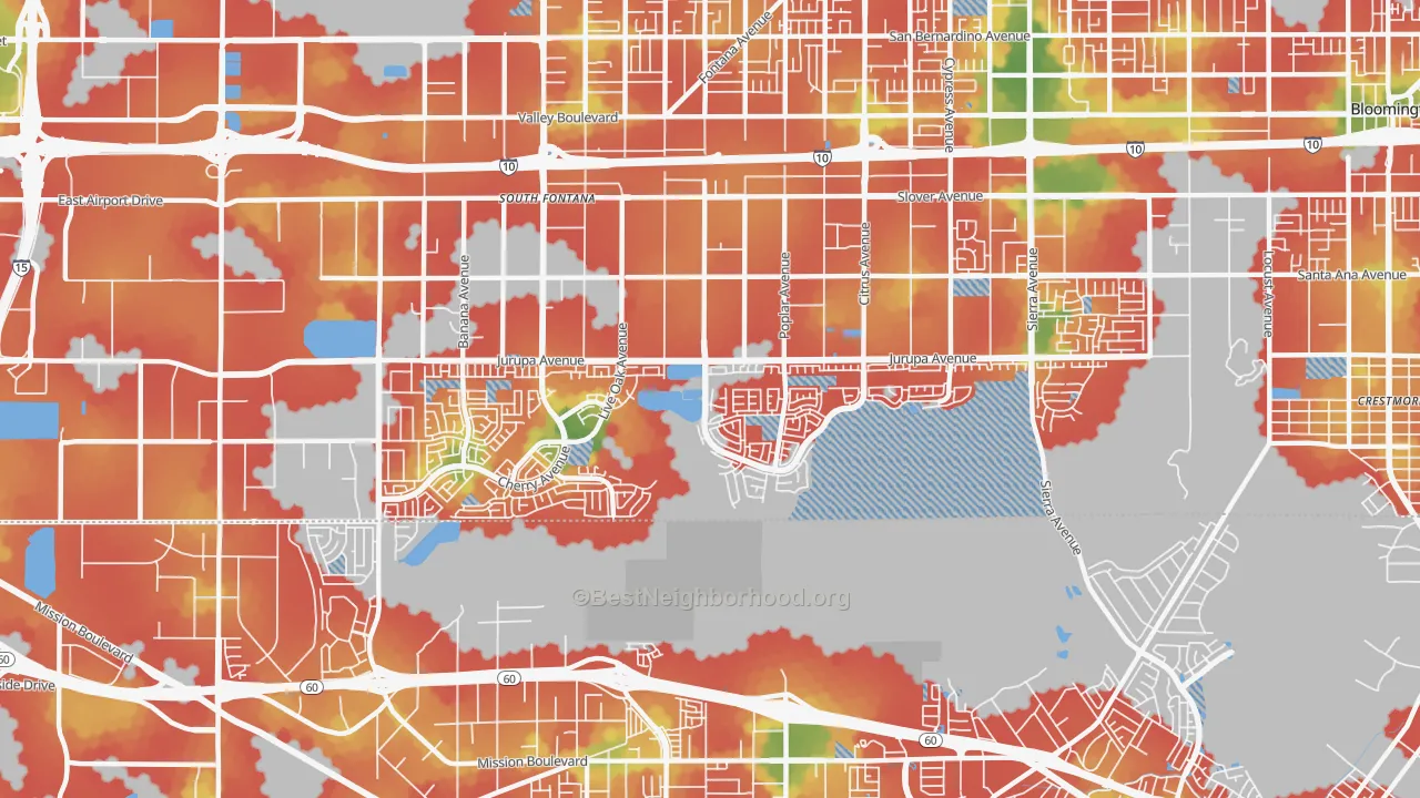 Walk Grade map of 92337, CA, walkable areas in green and car-dependent areas in red