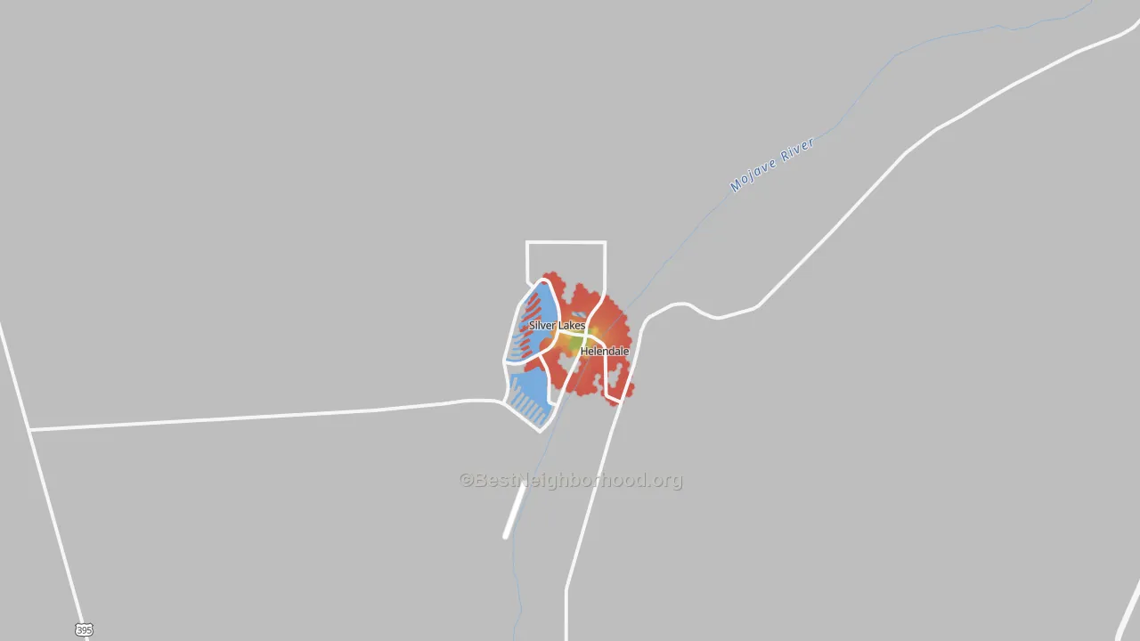 Walk Grade map of 92342, CA, walkable areas in green and car-dependent areas in red