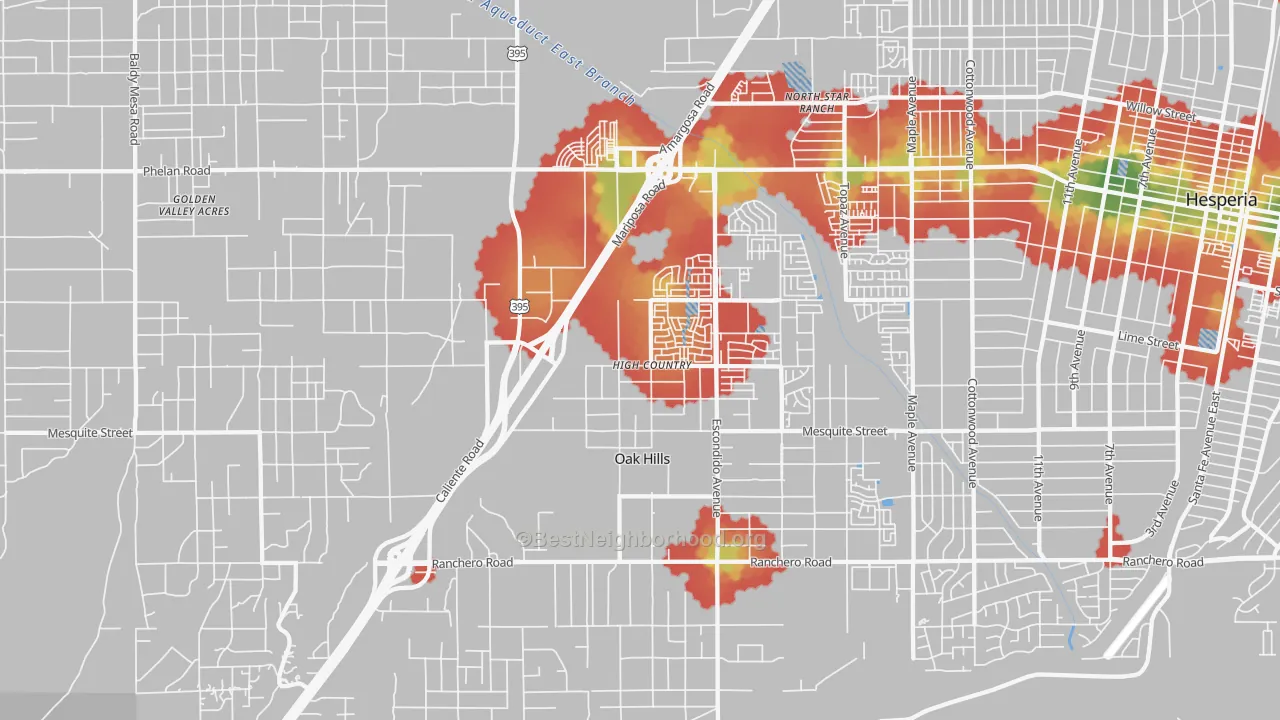 Walk Grade map of 92344, CA, walkable areas in green and car-dependent areas in red