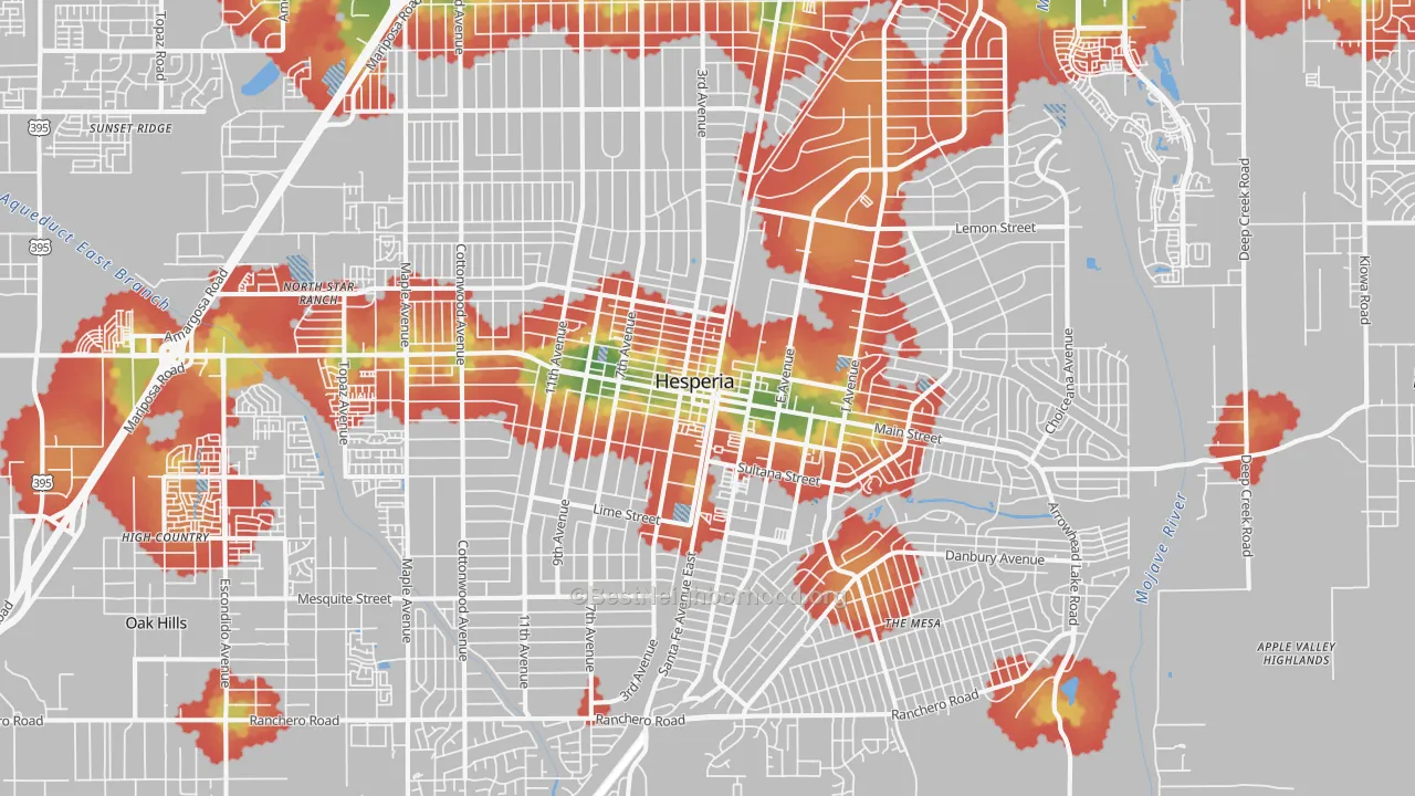 Walk Grade map of 92345, CA, walkable areas in green and car-dependent areas in red