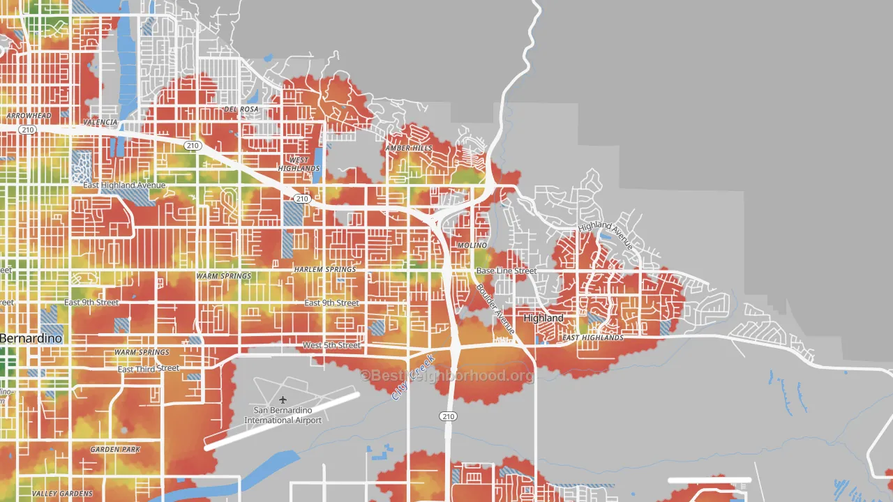 Walk Grade map of 92346, CA, walkable areas in green and car-dependent areas in red