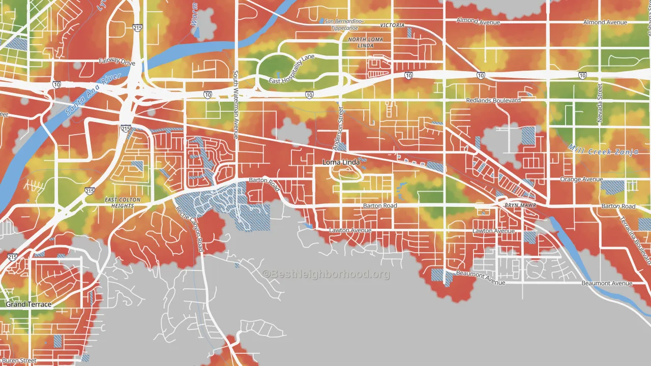 Walk Grade map of 92350, CA, walkable areas in green and car-dependent areas in red