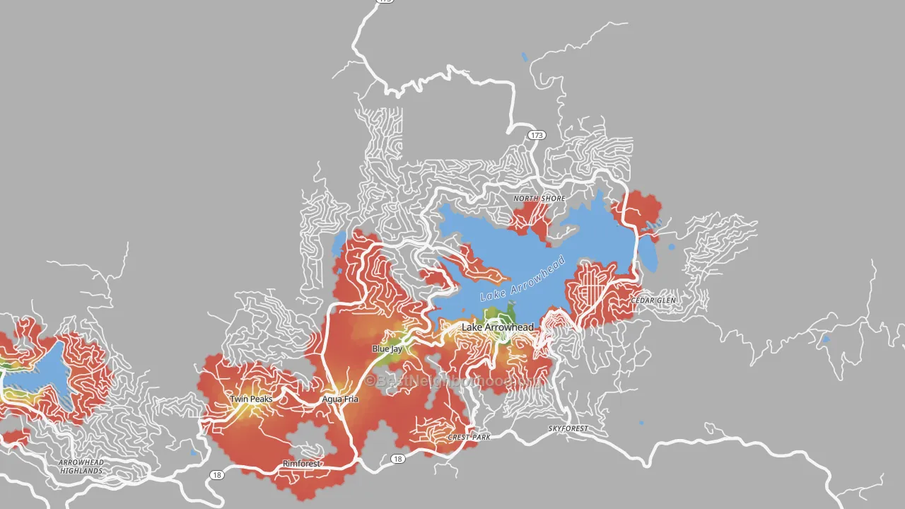 Walk Grade map of 92352, CA, walkable areas in green and car-dependent areas in red