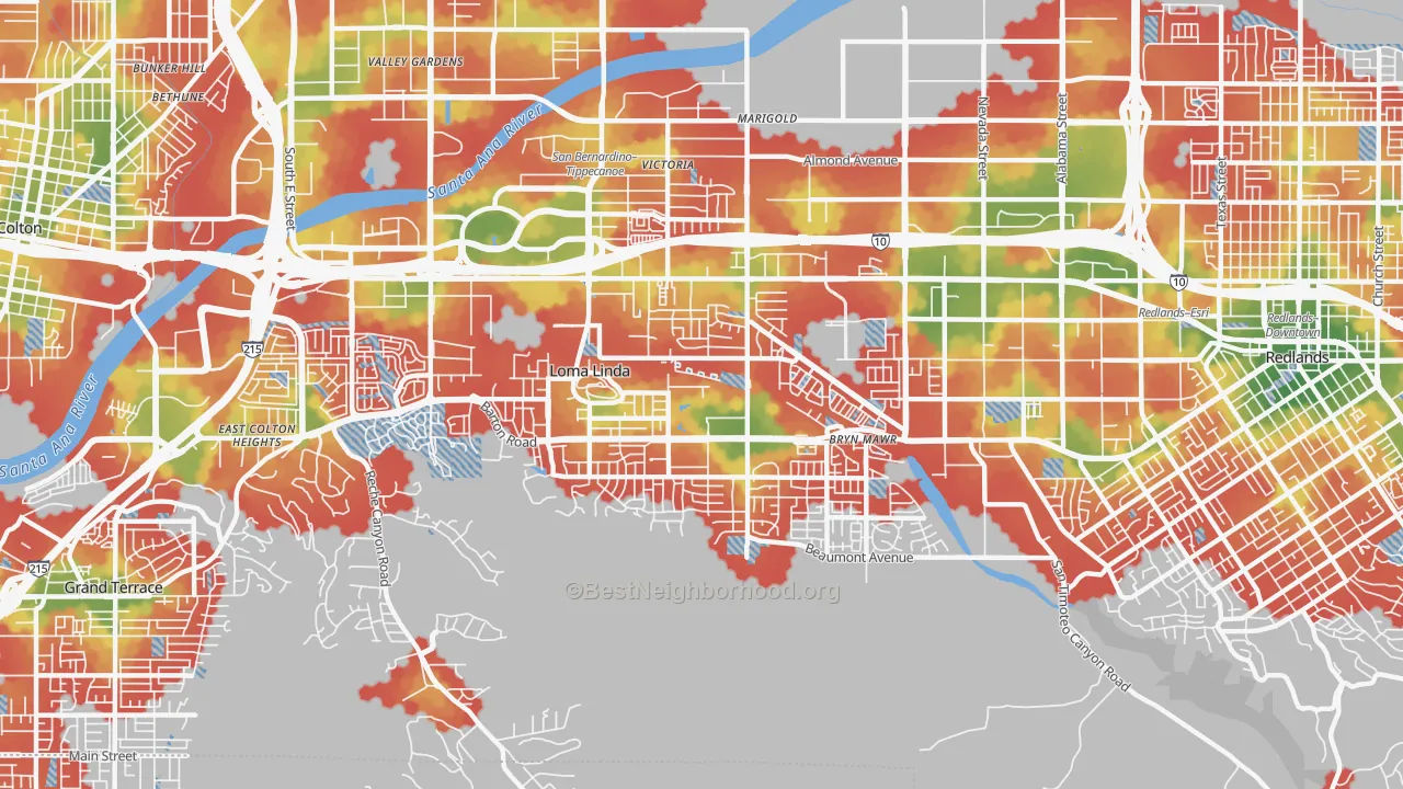 Walk Grade map of 92354, CA, walkable areas in green and car-dependent areas in red