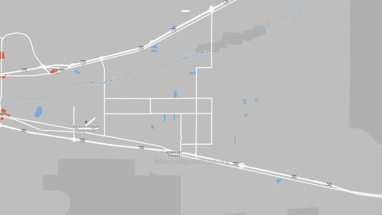 Walk Grade map of 92365, CA, walkable areas in green and car-dependent areas in red