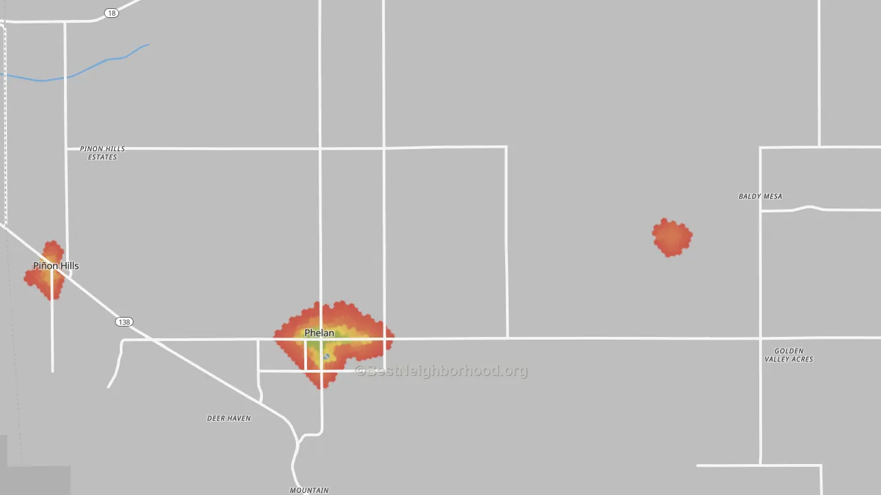 Walk Grade map of 92371, CA, walkable areas in green and car-dependent areas in red