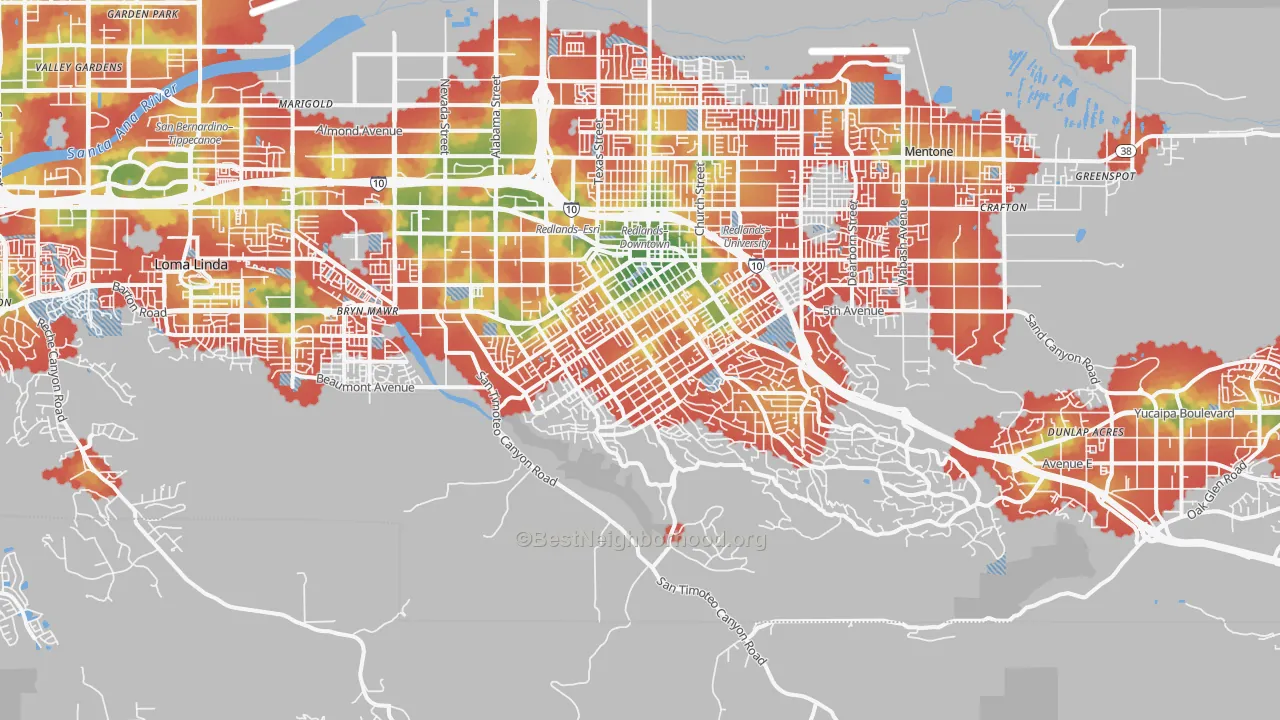 Walk Grade map of 92373, CA, walkable areas in green and car-dependent areas in red