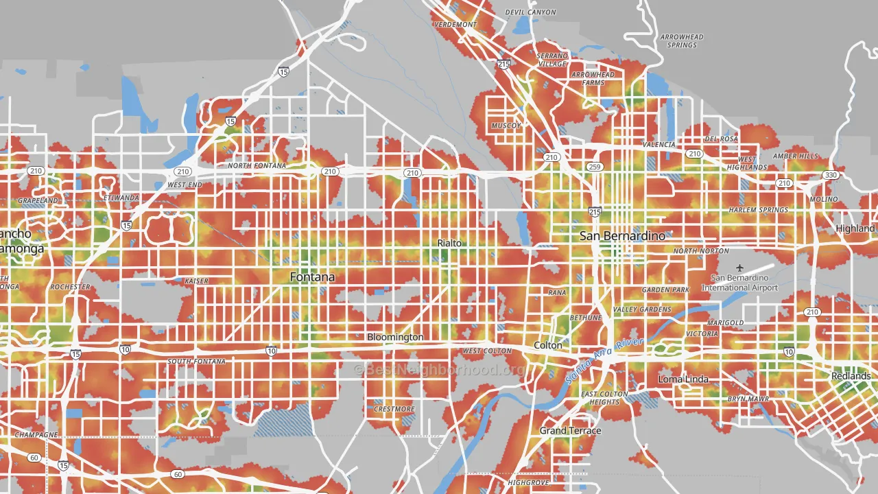 Walk Grade map of 92376, CA, walkable areas in green and car-dependent areas in red