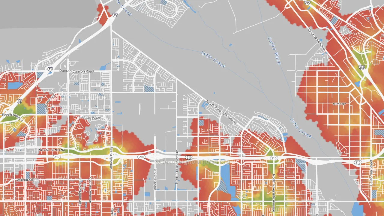 Walk Grade map of 92377, CA, walkable areas in green and car-dependent areas in red