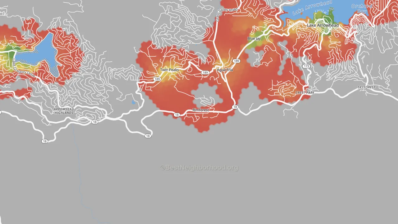 Walk Grade map of 92378, CA, walkable areas in green and car-dependent areas in red