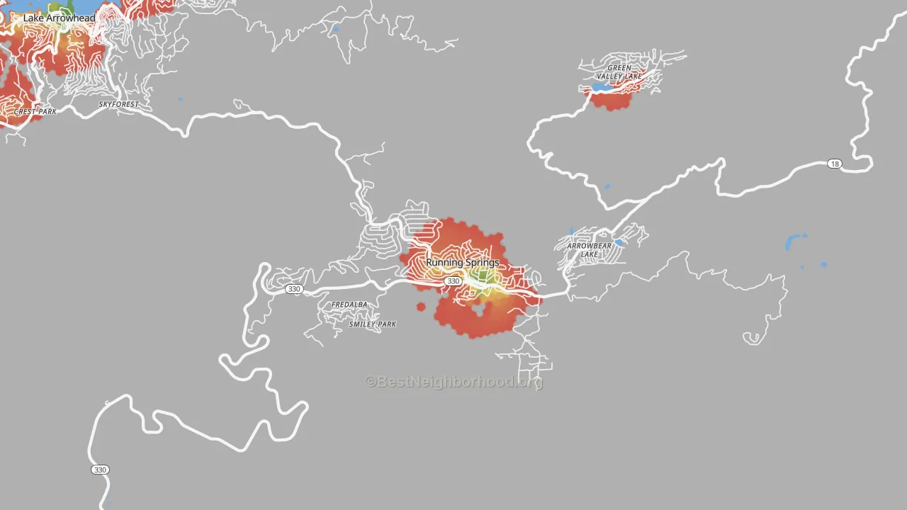 Walk Grade map of 92382, CA, walkable areas in green and car-dependent areas in red