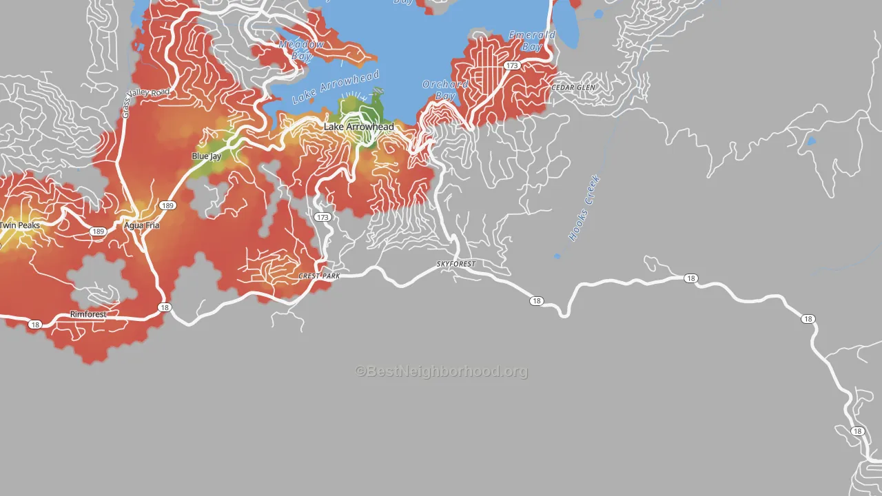 Walk Grade map of 92385, CA, walkable areas in green and car-dependent areas in red